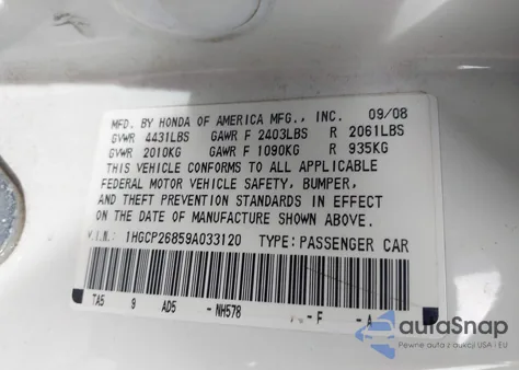 2009 Honda Accord 2.4 Ex-L z USA, uszkodzony, nr VIN 1HGCP26859A033120